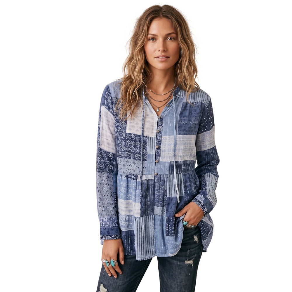 Anthropologie PILCRO Cotton Blue Patchwork Tunic Blouse Small Boho Peasant $128